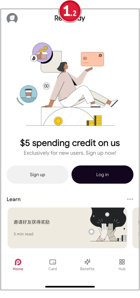 Step 1.2 for RedotPay 2025: New user sign-up screen in the RedotPay app offering a $5 spending credit.
