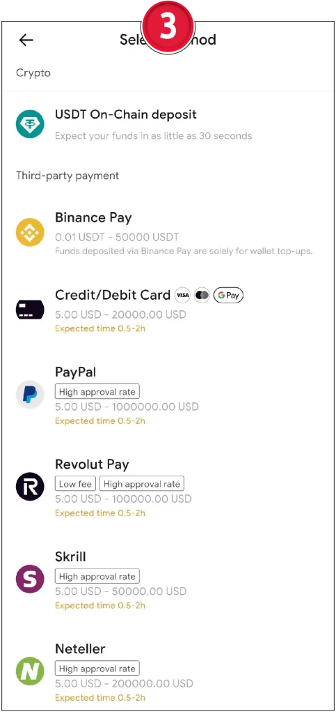 Step 3 for RedotPay 2025: Options for funding your RedotPay account, including crypto and fiat payment methods.