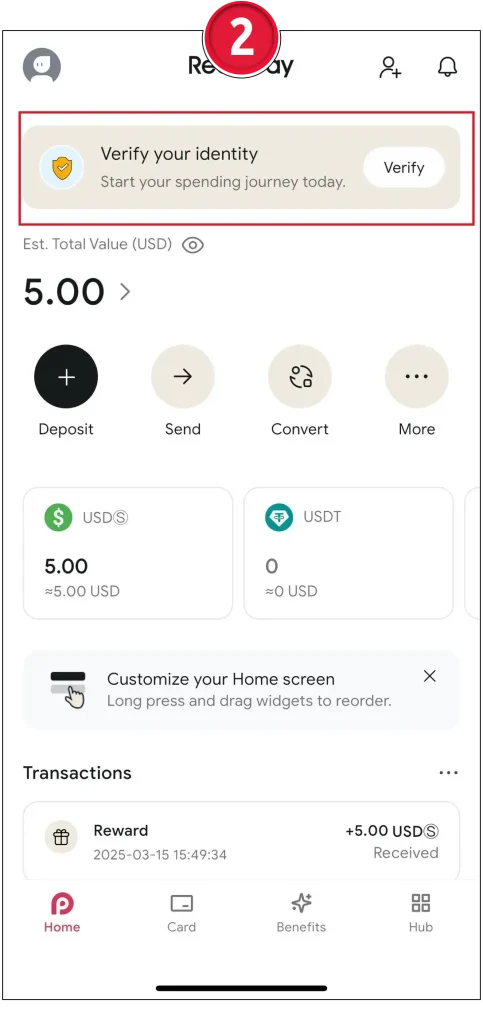 Step 2 for RedotPay 2025: App dashboard prompting to "Verify your identity" for KYC completion.