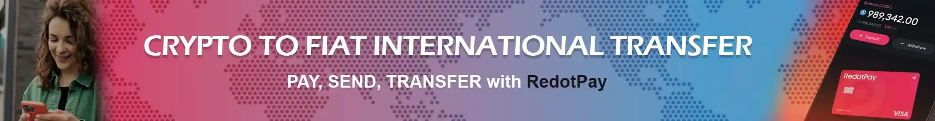 RedotPay header banner promoting its Crypto to Fiat International Transfer service, showing the mobile app and card used to pay, send, and transfer funds globally.